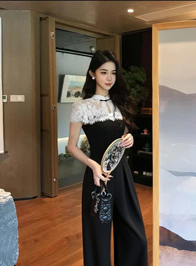 高级感蕾丝拼接连体裤女夏季新款新中式气质名媛连体衣D3291