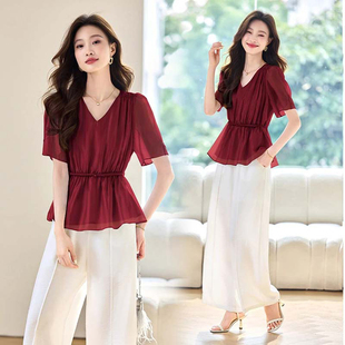 套装 有里布2025夏新款 时尚 新款 两件套D2717 气质洋气两件套阔腿裤