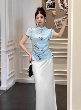 清冷感新中式国风小唐人立领短袖收腰女半身裙套装两件套D2989