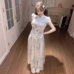 套装 有里布2026春季 阔腿裤 国风旗袍印花上衣 两件套D2383 新中式