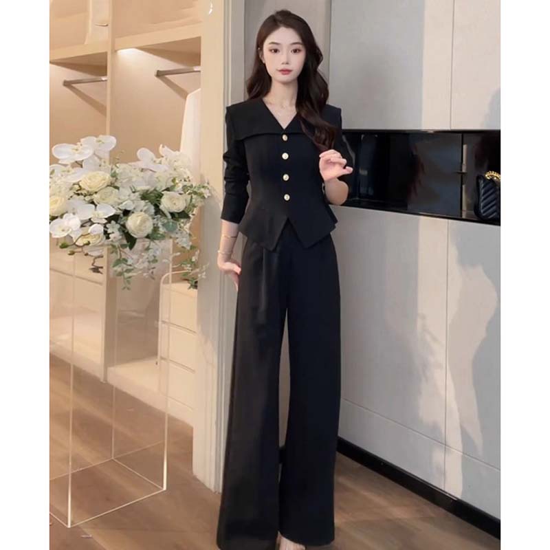 2025秋季流行穿搭一整套黑色阔腿裤套装女大方得体两件套D3488