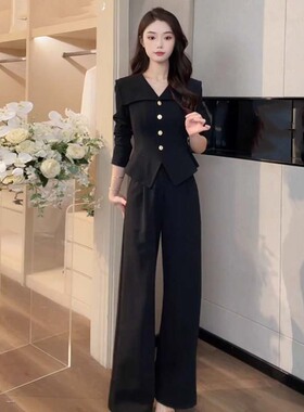 2026春季流行穿搭一整套黑色阔腿裤套装女大方得体两件套D3488