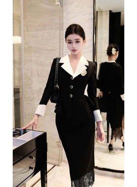 2025秋季新款小香风黑色收腰西装外套+蕾丝包臀裙套装两件套D3874