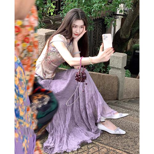 有里布新中式粉蝴蝶上衣女2026夏季新款半身裙套装两件套D3156