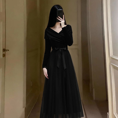 有里布2026春季新款女装法式温柔风连衣裙收腰网纱拼接裙子D4734