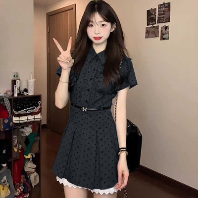 送腰带2026夏季新款女学院风韩系穿搭收腰显瘦连衣裙a字短裙D0865