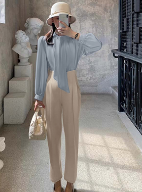 2026春季新款显瘦百搭上衣+高腰休闲西装阔腿裤女套装两件套D3619