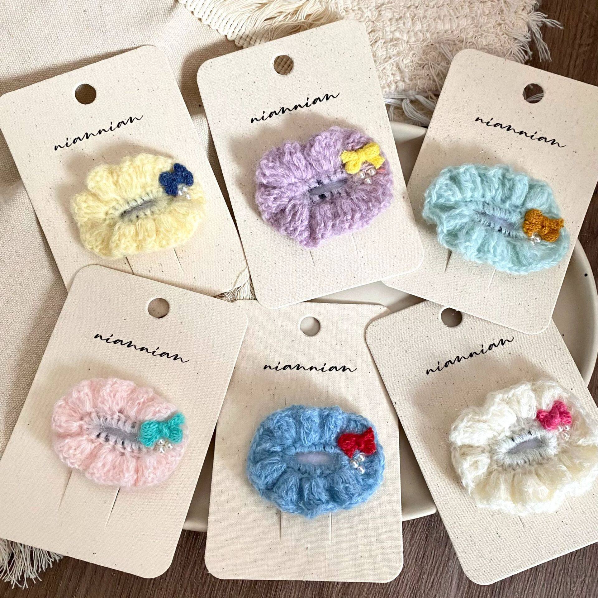 卷糖果儿童手工钩织毛线蝴蝶结褶皱发夹花朵发饰少女甜美珍珠bb夹