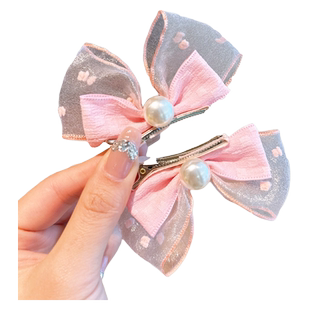 儿童珍珠蝴蝶结发夹女童粉色立体兔耳对夹小女孩小清新泡泡纱头饰