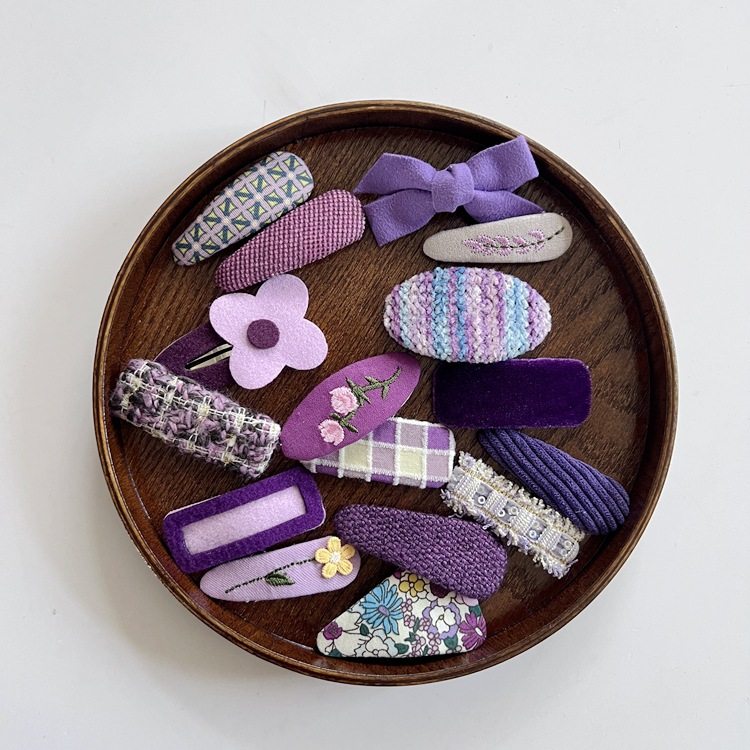 卷糖果儿童紫色系花朵蝴蝶结发夹女可爱百搭发饰方格刺绣花朵亮片