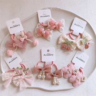 卷糖果儿童蝴蝶结发圈百搭发绳珍珠网纱布艺头绳高弹力橡皮筋发饰