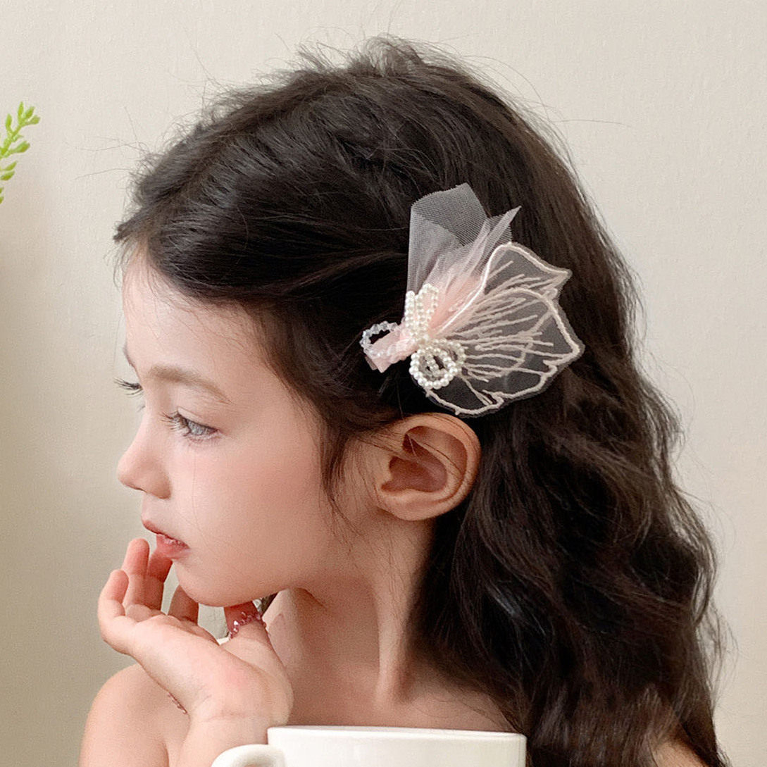 卷糖果儿童发夹超仙网纱花朵发夹小女孩甜美珍珠蝴蝶结鸭嘴夹发饰