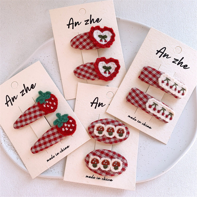 卷糖果儿童韩版甜美刺绣樱桃发夹女童可爱刘海夹毛线爱心水果发夹