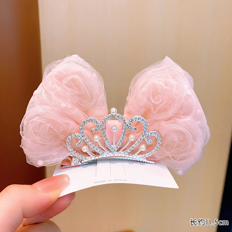 卷糖果新款女童皇冠头饰公主大蝴蝶结发夹小女孩周岁网纱花朵发饰