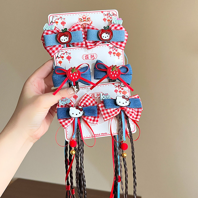 卷糖果儿童牛仔格子蝴蝶结发夹女童格子草莓发饰可爱假发辫子头饰