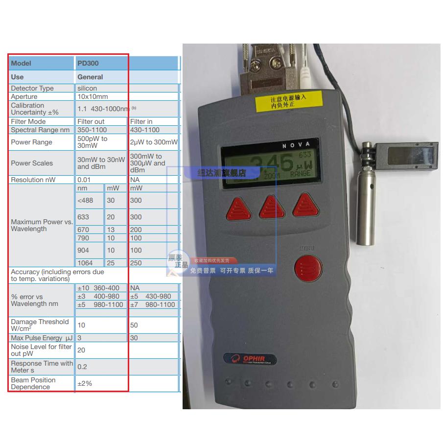 进口Ophir激光功率计 NOVA表头 PD300探头 1nW-30mW量程