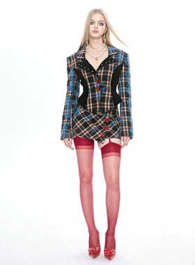 DIET GRRRL 2024SSS春夏新品原创蓝色格子纹呢西装套装