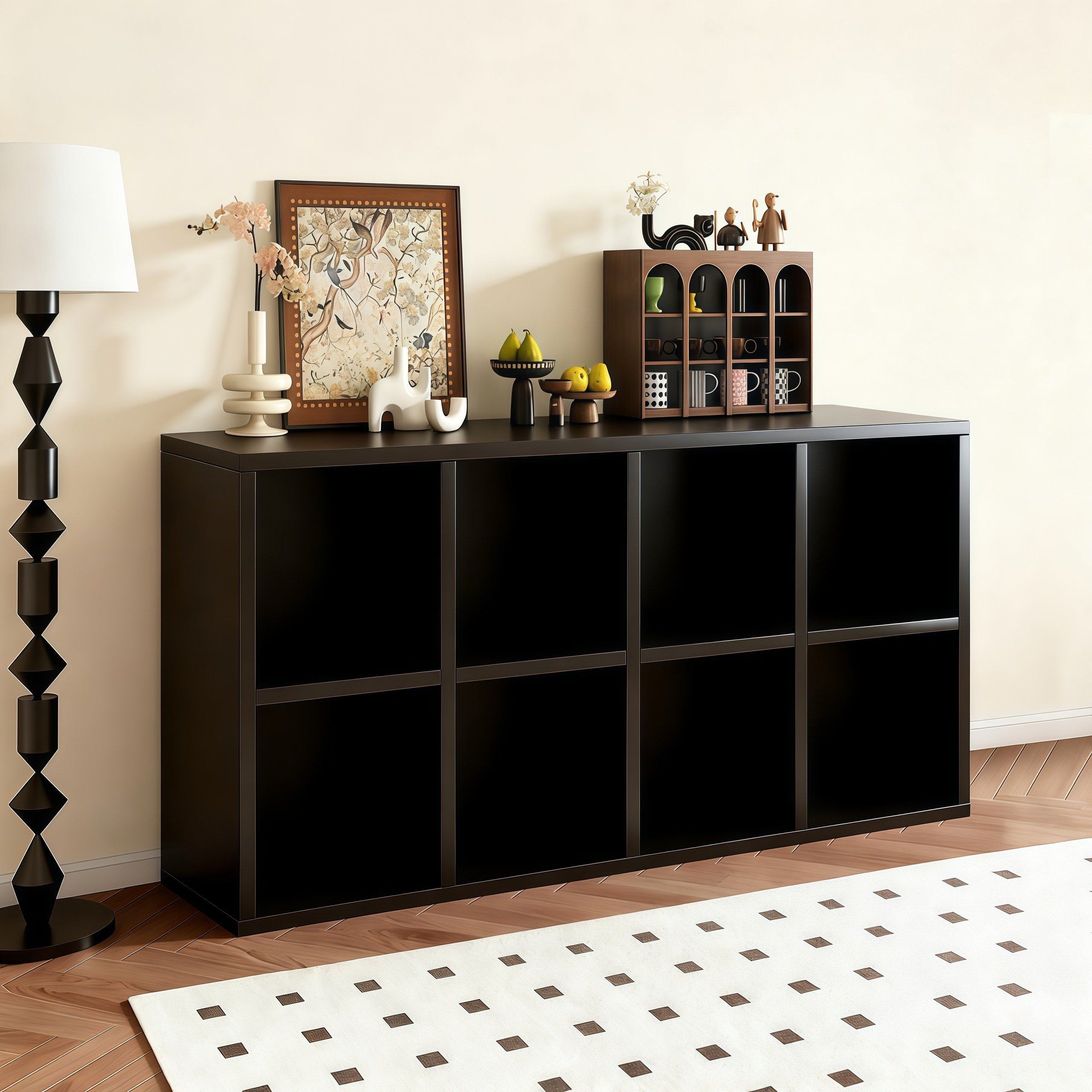 实木格子柜客厅家用法式复古矮书架置物架落地黑色靠墙书柜展示柜,住宅家具,书架,淘宝优惠券,粉丝福利购,淘宝优惠卷