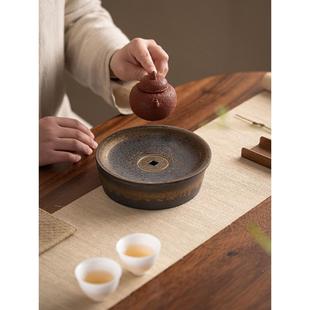 铜钱壶承陶瓷茶托小茶盘粗陶家用办公室壶托储水式 中式 干泡台圆形