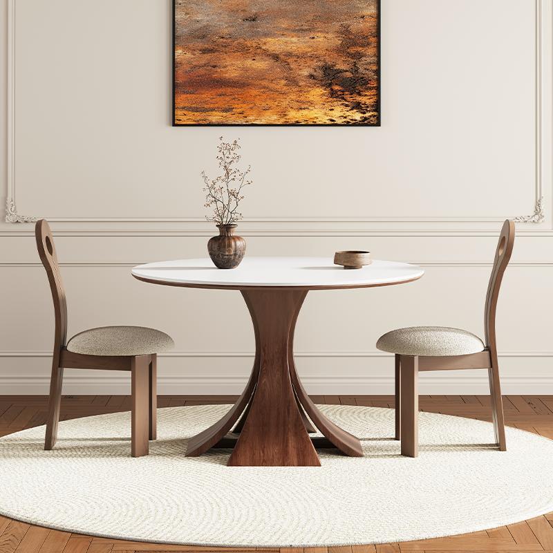 法式复古岩板圆餐桌黑胡桃木色实木圆形饭桌中古白色岩板圆餐桌