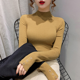 内搭女士上衣 半高领亮丝纽扣毛衣针织打底衫 春秋冬2021新款 短款