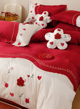 V45O新中式结婚庆红色床上四件套100S毛巾绣喜被陪嫁纯棉床单