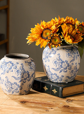 仿古冰裂纹青花瓷陶瓷花瓶新中式家居客厅桌面摆件插花干花鲜花