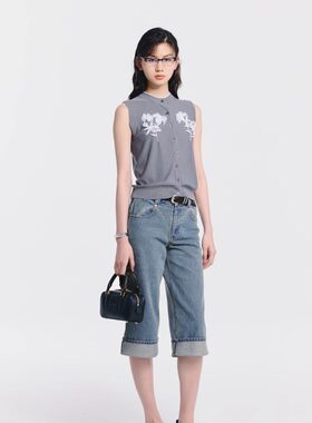 复古洗水修身翻边牛仔七分裤女