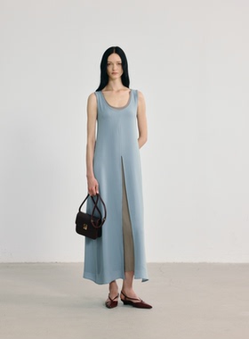 KotWai Ngai 24SS天蓝色拼接棕灰色髙级显瘦假两件背心连衣裙