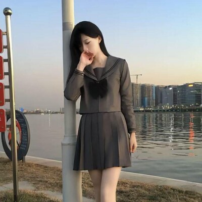 风吹麦香jk秋原创新款灰二本水手服衬衫上衣中间服学院风百搭灰色