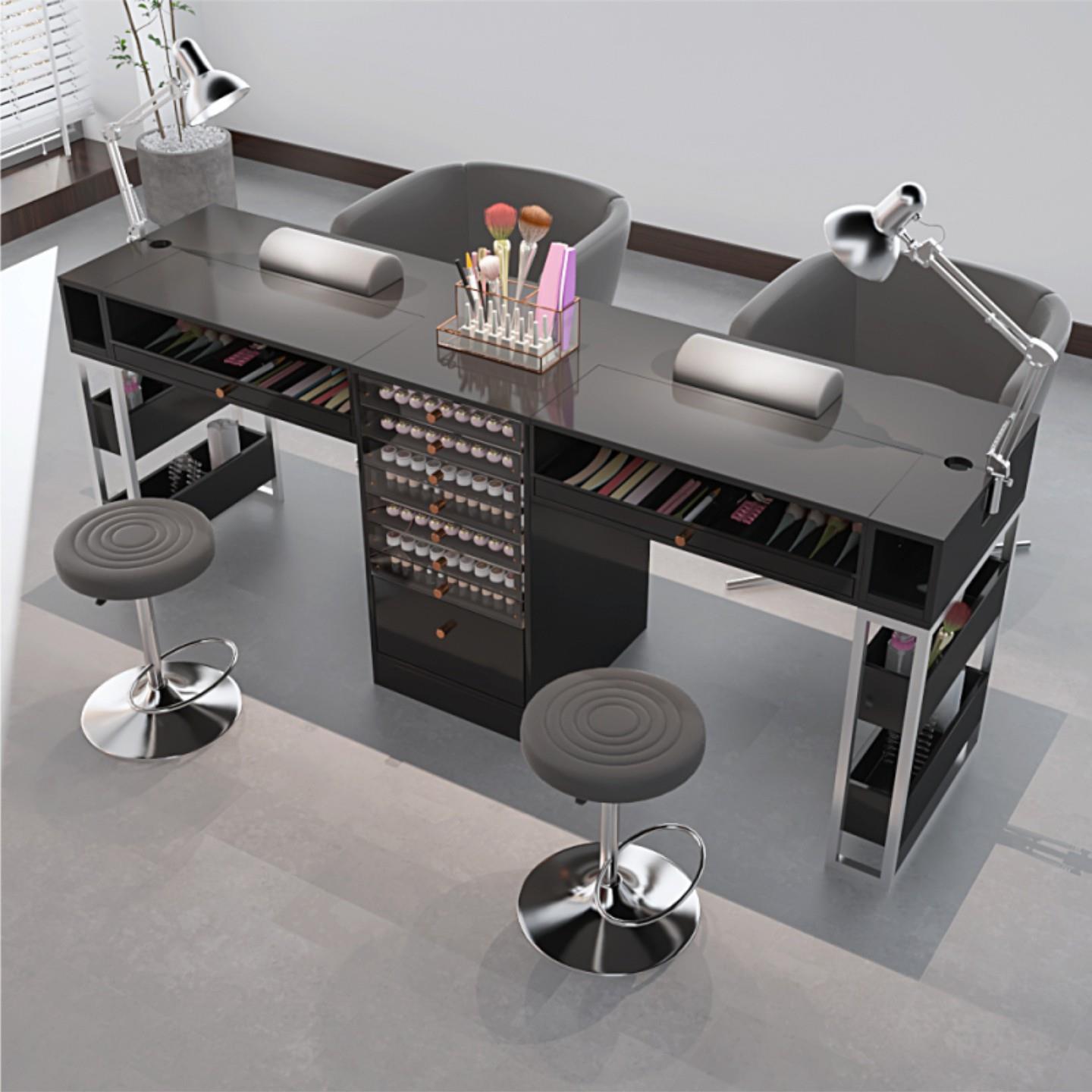 黑色美甲桌2025新款美甲店专用桌子单双人多功能带吸尘器桌椅套装