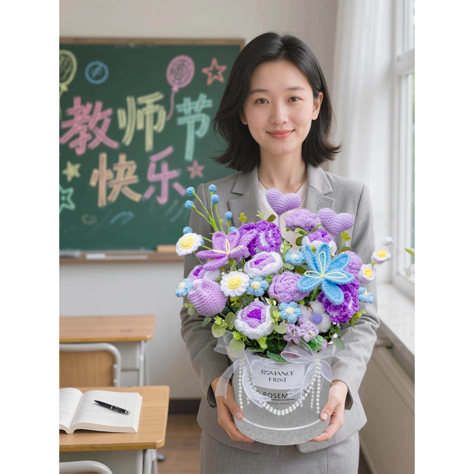 教师节花束送女老师妈妈生日礼物针织毛线玫瑰抱抱桶客厅装饰摆件