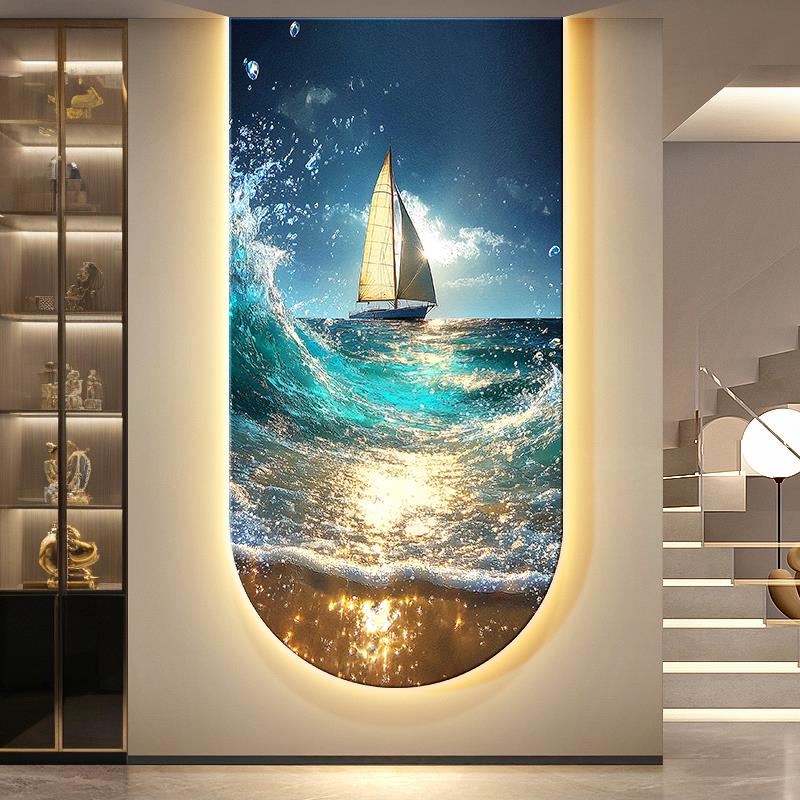 轻奢一帆风顺玄关装饰画海浪走廊尽头挂画高级感入户拱形带灯壁画