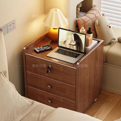 带轮可移动实木床头柜简约现代家用卧室带锁储物柜床边简易收纳柜