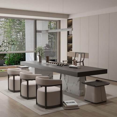 新中式茶桌椅 岩板家用茶台岛台 轻奢实木办公茶室茶桌设计师