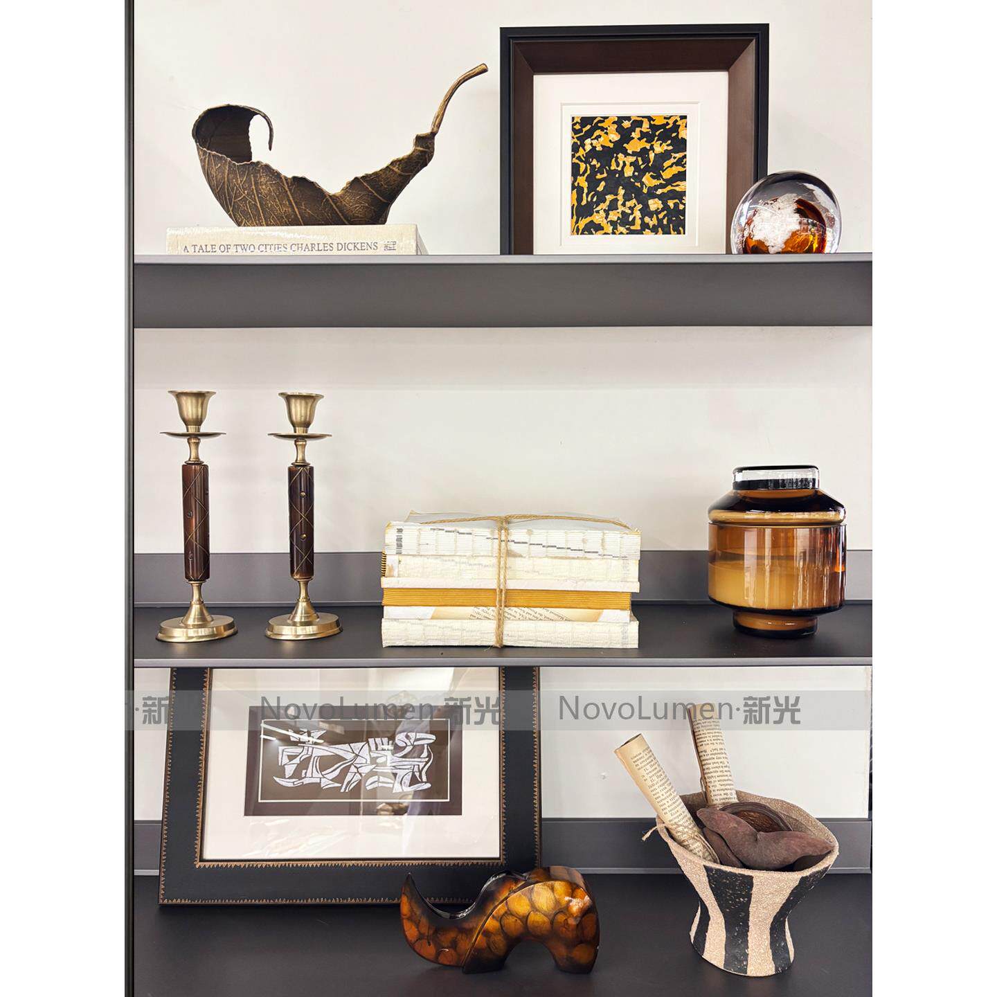 中古风轻奢样板房书房装饰摆件书架展示柜组合软装艺术品陈列