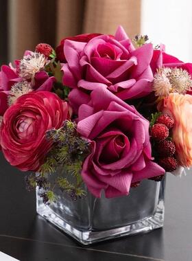 彷真花艺摆件保湿玫瑰露莲花束客厅摆设桌花轻奢高档房间软装摆花