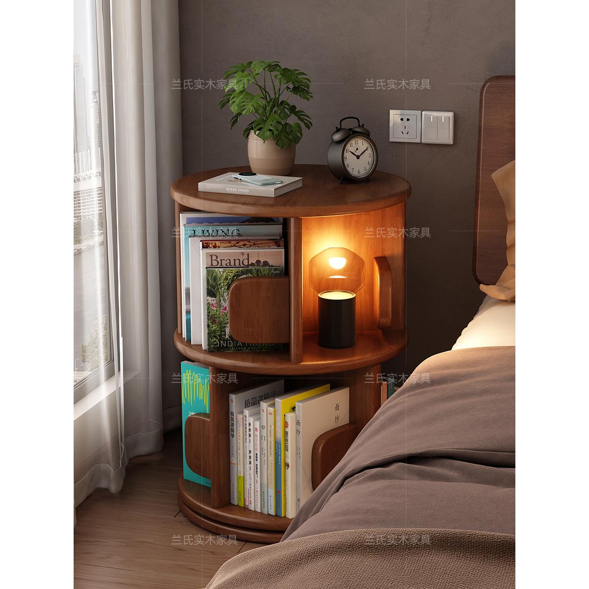 实木旋转书架360度书柜家用客厅儿童阅读架落地置物架卧室床头柜