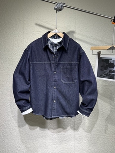 男潮牌宽松上衣男款 复古假两件深蓝色牛仔衬衫 外套潮 美式 2026新款
