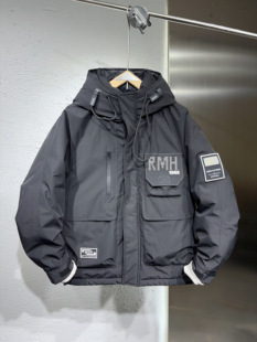 2025冬季新款工装鸭绒羽绒服男连帽纯色宽松上衣保暖加厚男士外套