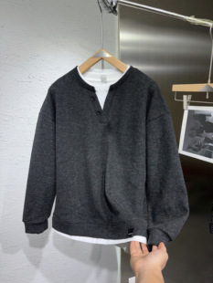 冬季保暖加绒假两件卫衣设计款男圆领套头百搭宽松青年长袖上衣潮