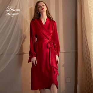 结婚晨袍女新娘伴娘冰丝长款 睡袍春秋婚礼新婚红色睡衣Pajamas