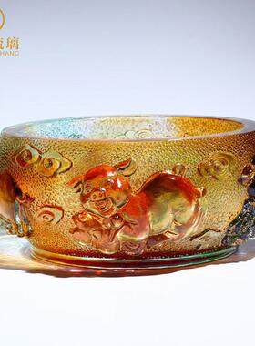 玄关钥匙收纳小金猪琉璃聚宝盆摆件客厅家居饰品