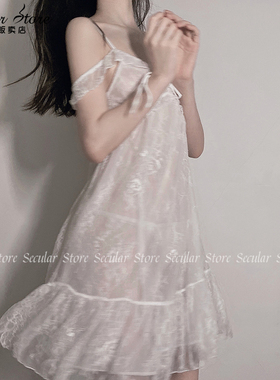 宝贝，帮我提一下肩带 甜美蕾丝睡裙性感透视吊带白色 烟火贩卖店