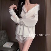 蕾丝性感长袖 纯欲宽松男友风衬衫 睡衣家居服 百媚生 烟火 内衣店