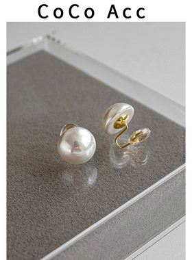 COCO复古半圆大珍珠耳环女无耳洞蚊香盘耳夹气质百搭时尚通勤耳饰