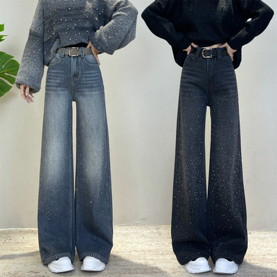 迪否烫钻直筒牛仔裤女冬