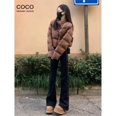 加绒黑色高腰微喇牛仔裤