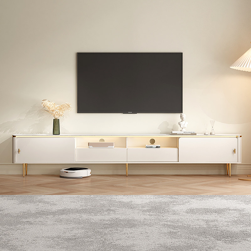 轻奢极简岩板电视柜现代简约客厅小户型奶油风白色背景墙储物矮柜