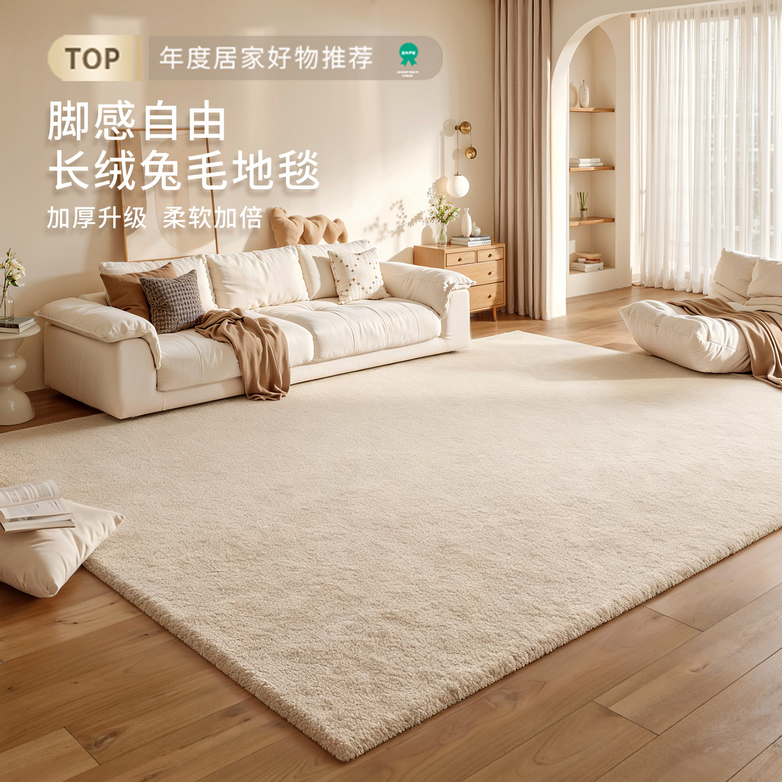 奶油风客厅地毯兔毛长毛拍照卧室毛绒主卧床地垫白色毛毯可机洗